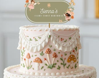 Topper per torta e cupcake a forma di fata per il primo compleanno / Modello modificabile (Canva)