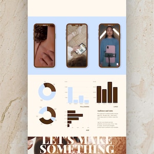 May include: A digital service infographic titled HOW IT WORKS with three smartphone mockups showing video content, followed by data charts for followers, likes, and age demographics, and a final section with the text LET'S MAKE SOMETHING worth watching.