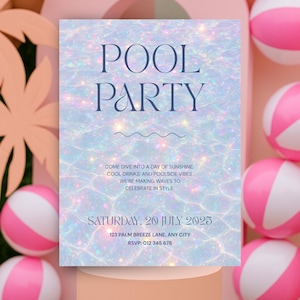 Peut inclure: Une invitation à une Pool Party bleu pastel, avec les mots "POOL PARTY" en script bleu marine. L'invitation détaille une fête au bord de la piscine le samedi 20 juillet 2025, avec un numéro RSVP. Des ballons de plage roses et blancs entourent l'invitation.