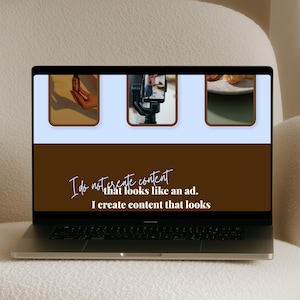 May include: A laptop screen displaying a website with a light blue header containing three rectangular image thumbnails and a dark brown lower section featuring the white text: I do not create content that looks like an ad. I create content that looks.