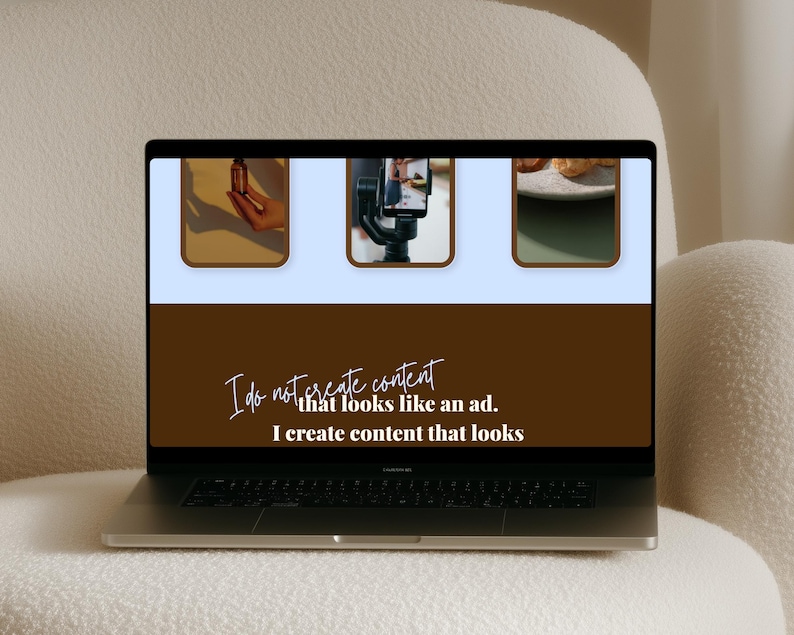 May include: A laptop screen displaying a website with a light blue header containing three rectangular image thumbnails and a dark brown lower section featuring the white text: I do not create content that looks like an ad. I create content that looks.