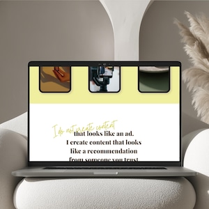 May include: A laptop displaying a website with a light yellow header and white background. The header has three small image thumbnails. The website text reads: "I do not create content that looks like an ad. I create content that looks like a recommendation from someone you trust."