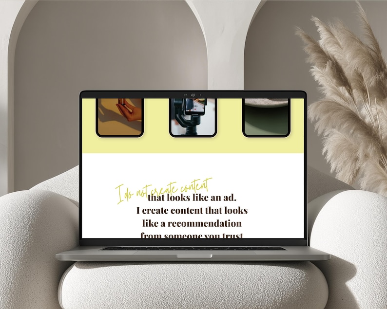 May include: A laptop displaying a website with a light yellow header and white background. The header has three small image thumbnails. The website text reads: "I do not create content that looks like an ad. I create content that looks like a recommendation from someone you trust."
