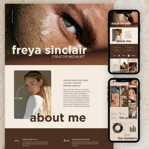 Pode incluir: Um modelo de kit de mídia para criadores de Freya Sinclair com uma paleta de cores marrom e creme. O layout inclui um close-up de um olho, um retrato, seções de texto intituladas about me e dois mockups de smartphone exibindo páginas de portfólio.
