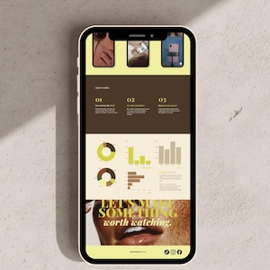 May include: A smartphone displays a website with a brown and yellow color scheme. The website features three small images at the top, followed by numbered sections with text and charts. The phrase "LET'S MAKE SOMETHING worth watching" is at the bottom.