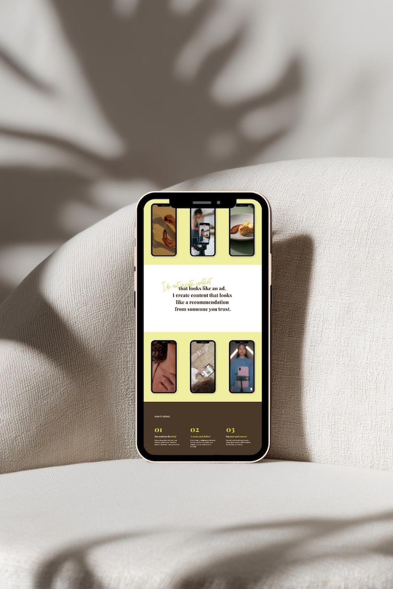 May include: A smartphone displays a presentation with a light brown background and a dark brown border. The presentation includes images and text that reads "that looks like an ad. I create content that looks like a recommendation from someone you trust."