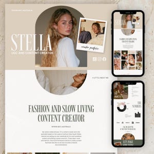 Może przedstawiać: Szablon cyfrowego portfolio dla twórczyni treści o imieniu Stella, z beżowo-białą kolorystyką, typografią z napisem Stella UGC and Content Creator oraz dwoma makietami smartfonów prezentującymi układy stron internetowych z siatkami zdjęć.