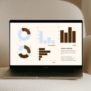 May include: A laptop screen displaying a digital dashboard with data visualizations including two donut charts, a bar chart for followers, a bar chart for likes, and a horizontal bar chart for age demographics, with text titled Audience and stats.