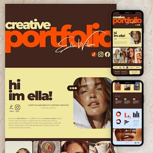 Puede incluir: Un diseño de portafolio creativo digital con un encabezado marrón oscuro con el texto creative portfolio y Ella Wilson en naranja y blanco. El diseño incluye una sección de color amarillo claro con el texto hi im ella, un retrato y dos maquetas de teléfonos móviles que muestran interfaces de sitios web con iconos de redes sociales, gráficos y fotografías de estilo de vida.