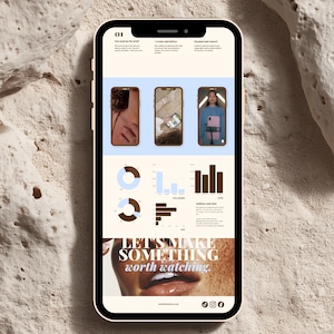 May include: A smartphone displaying a webpage with a three-step process, data charts, and the text "LET'S MAKE SOMETHING worth watching." The screen features three phone icons, a pie chart, a bar graph, and a close-up image of lips.