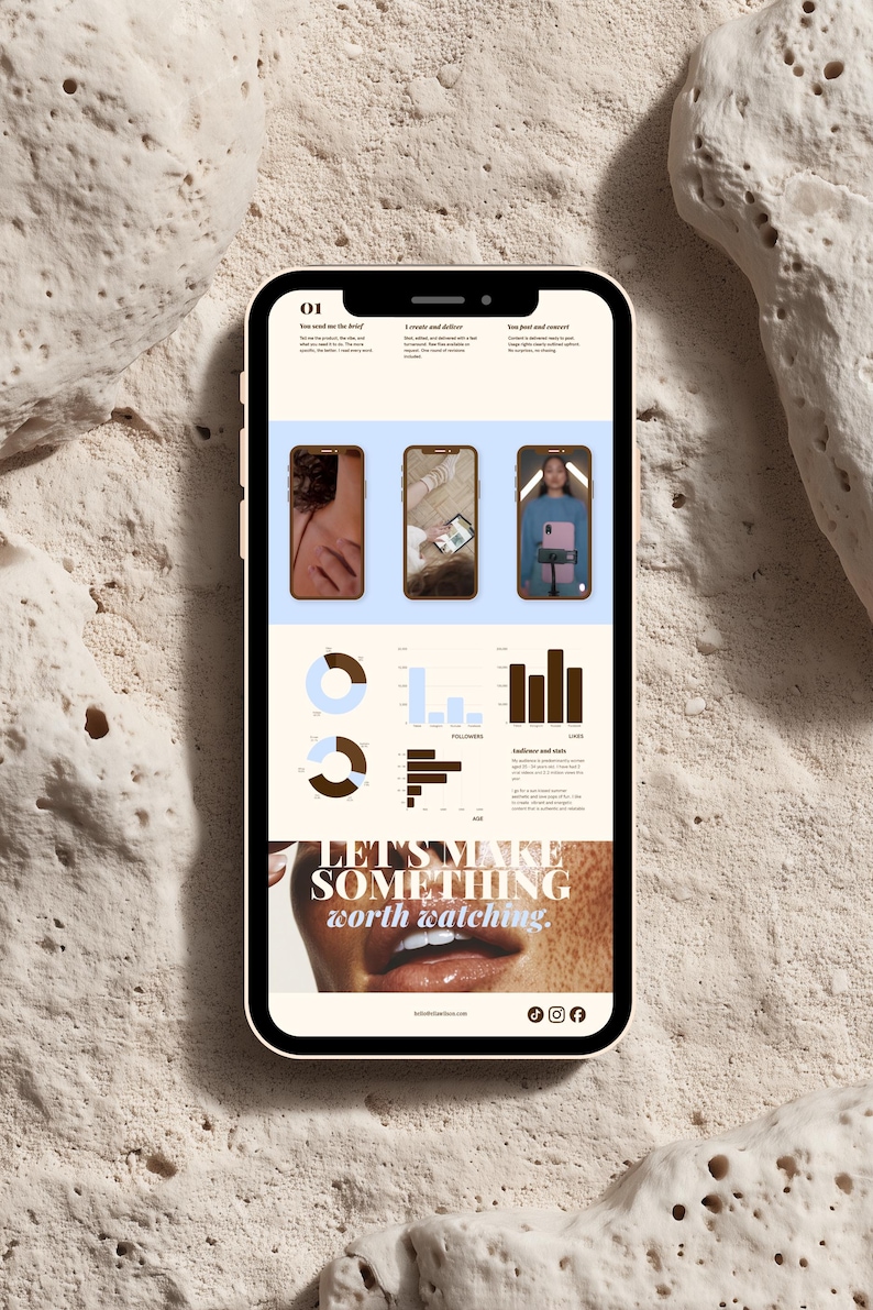 May include: A smartphone displaying a webpage with a three-step process, data charts, and the text "LET'S MAKE SOMETHING worth watching." The screen features three phone icons, a pie chart, a bar graph, and a close-up image of lips.