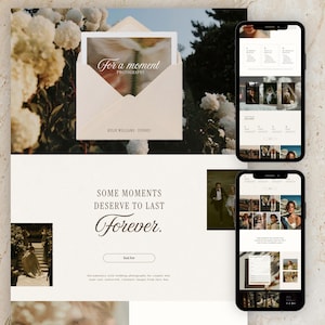 Puede incluir: Diseño de sitio web para fotografía de bodas, con una combinación de colores crema y blanco. El diseño incluye el texto "For a moment Photography" y "Some moments deserve to last forever." Dos smartphones muestran el contenido del sitio web.