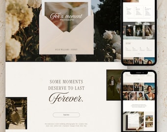 May include: A wedding photography website design with a cream and white color scheme. The design includes the text "For a moment Photography" and "Some moments deserve to last forever." Two smartphones display the website's content.