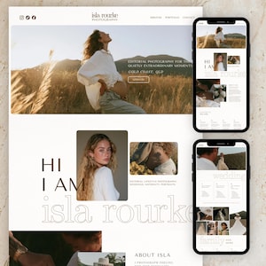 Peut inclure: Une mise en page de site web pour Isla Rourke Photography présentant une vue bureau et deux vues mobiles. L'interface affiche des photographies éditoriales, des titres de texte dont 'HI I AM isla rourke' et des menus de navigation.