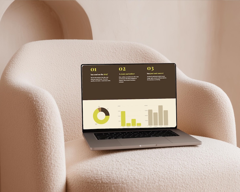 May include: A silver laptop displaying a presentation with charts and text, set against a brown background. The laptop is open on a cream-colored, textured armchair. The screen shows a pie chart and bar graphs, with the numbers 01, 02, and 03 at the top.