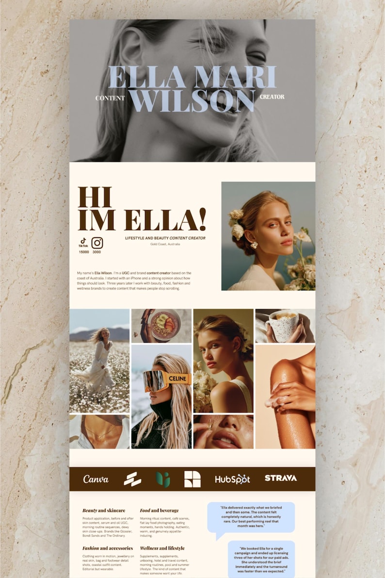 Elevate your online presence with our Creative Portfolio Website Template! Designed for content creators, this Editable Canva UGC Media Kit features a stunning chocolate and blue color palette, perfect for showcasing your work. Effortlessly customize the design to reflect your unique style and attract potential clients. Enjoy the convenience of an instant download, making it easy to get started on your creative journey today! Perfect for designers, bloggers, and influencers looking to shine.