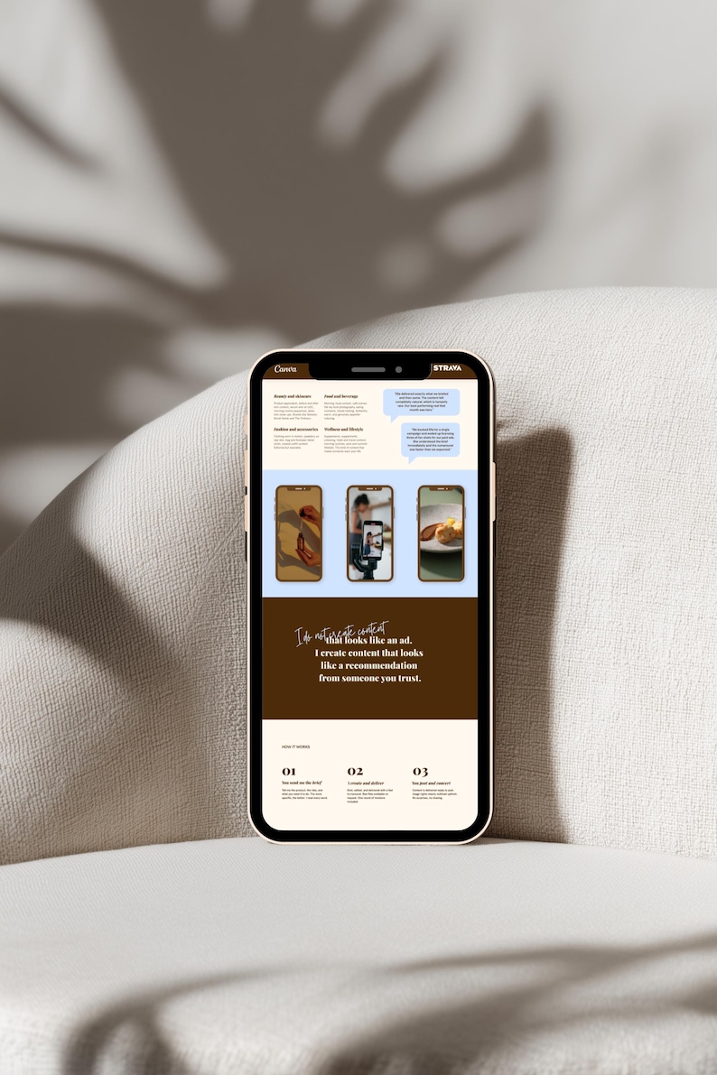 May include: A smartphone displaying a webpage with the text I do not create content that looks like an ad. I create content that looks like a recommendation from someone you trust. The page includes categories, three small phone images, and numbered steps.