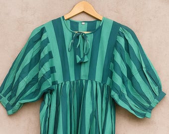 Indische Baumwolle Gestreiftes Midi Kleid, Hand Block Print