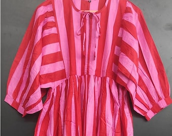 Indisches Baumwolle Midi Kleid, Gestreifter Druck, Sommerkleid