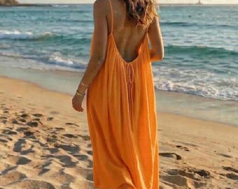 インド綿ミディドレス、ボヘミアン風Vネック、ノースリーブ、オープンバック、サマースタイル