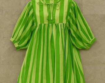 Striped Cotton Midi Dress, Deep Neck Summer Dress