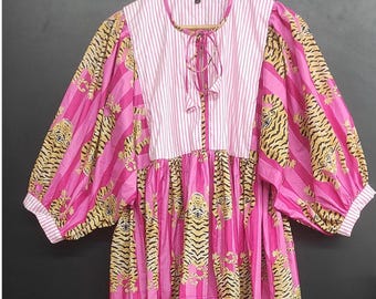Pink Tiger Stripe Indian Cotton Midi Dress, Deep Neck