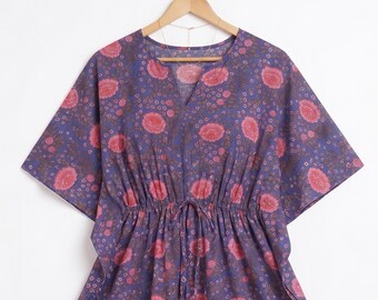 100% Cotton Block Print Kaftan, Adjustable Waist Maxi Dress, Beach Cover-Up