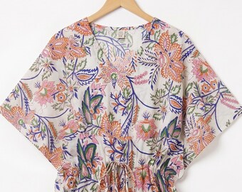 Cotton Block Print Kaftan, Adjustable Waist Maxi Dress, Beach Cover-Up