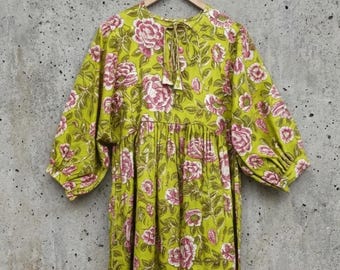 Indische Baumwolle Block Print Kyra Midi Sommer Maxi Boho Umstandskleid für Frauen