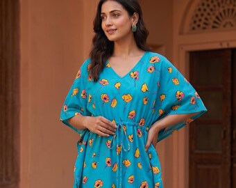 Cotton Block Print Kaftan, Adjustable Waist Maxi Dress, Beach Cover-Up