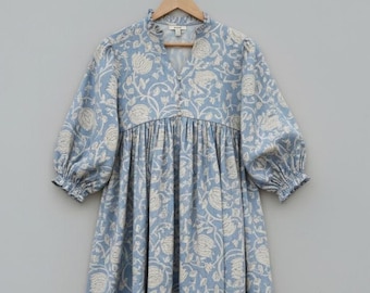 Floral Block Print Midikleid aus Baumwolle: Boho Sommerkleid