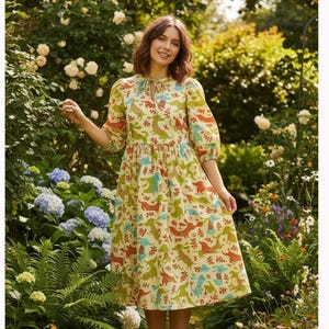 Block Print Cotton Midi Dress: Floral Deep Neck Summer Dress