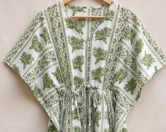 Hand Block Print Cotton Kaftan Dress, Floral Beach Kaftan, Boho Maxi Cover Up, Resort Wear Caftan, Loose Fit Summer Dress, Vacation Outfit