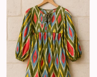 Baumwoll-Block-Print floral bequem Frauen Kleid für den Sommer, Midi Kleid, Mini Kleid, langes Kleid, tiefer Hals mit Schnurverschluss, Geschenk für sie