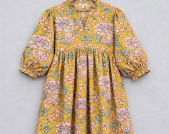 Abito premaman estivo boho midi Kyra con stampa a blocchi di cotone indiano per donna