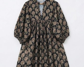 Indian Cotton Block Print Kyra Midi Summer Maxi Boho Maternity Dress for Women