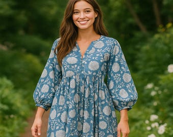 Midi Dress, Mini Dress, Cotton Long Dress, Deep Neck with string closer, Gift for her,Anniversary Gift, Mom&#39;s Gift, Summer Dress