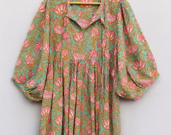 Beach blue block printed long maxi dress / v neckline women wear maxi dress / 3/4th sleeve with button frill maxi dress