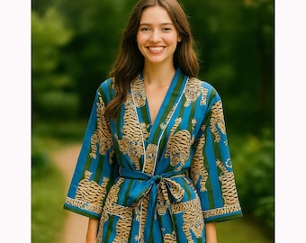 Tigermönstrad kimono för kvinnor, bomullsmorgonrock, bekväm nattklänning, brudtärnemorgonrock, morgonrock, strandkläder, handgjord morgonrock, present till henne