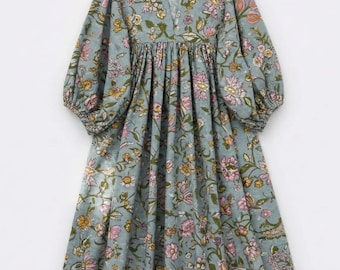 Indian Cotton Block Print Kyra Midi Summer Maxi Boho Maternity Dress for Women