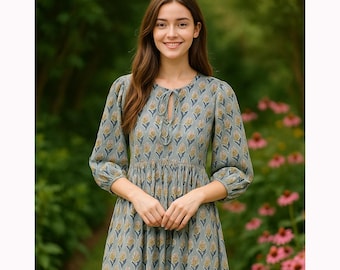 Baumwollkleid, indisches Blockprint-Kleid,Minikleid mit Blockprint,Midikleid mit Blockprint