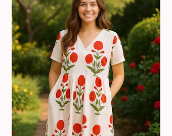 Floral und Gestreift Print Kyra Midi Kleid | Boho Baumwoll Kleid | Kleider für Frauen | String Näher Kleid