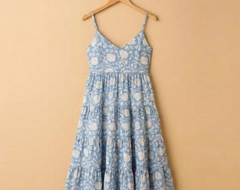 Frauen Baumwolle Indischer Block Print Spaghetti Strap Kleid, Floral abgestuften Sommer Sommerkleid, nachhaltige langsame Mode
