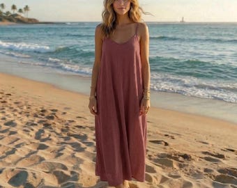 インド綿ミディドレス、ボヘミアン風Vネック、ノースリーブ、オープンバック、サマースタイル