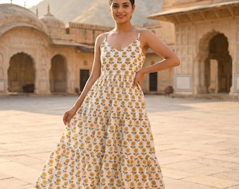 Women Cotton Indian Block Print Spaghetti Strap Dress, Floral Tiered Summer Sundress, Sustainable Slow Fashion