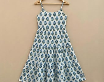Frauen Baumwolle Indischer Block Print Spaghetti Strap Kleid, Floral abgestuften Sommer Sommerkleid, nachhaltige langsame Mode
