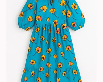 Floral Hand Block Print Baumwolle Midi Kleid: Sommerkleid mit tiefem Halsausschnitt