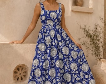Indian Cotton Block Print Kyra Midi Summer Maxi Boho Maternity Dress for Women