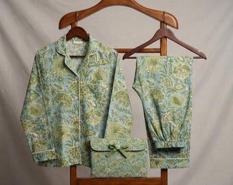 Hand Block Print, Floral Cotton Pajama Set, Blue Summer Nightwear, Bohemian Sleepwear