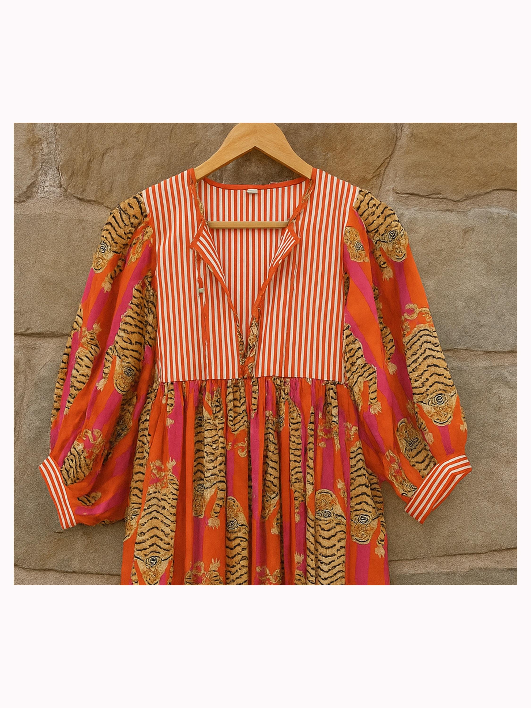 orange tiger stripe dress Orange Stripes Tiger Print Cotton Maxi Dress Handcrafted Boho Animal Print Long Dress Summer Outfit for Women, vacation dress, best gift